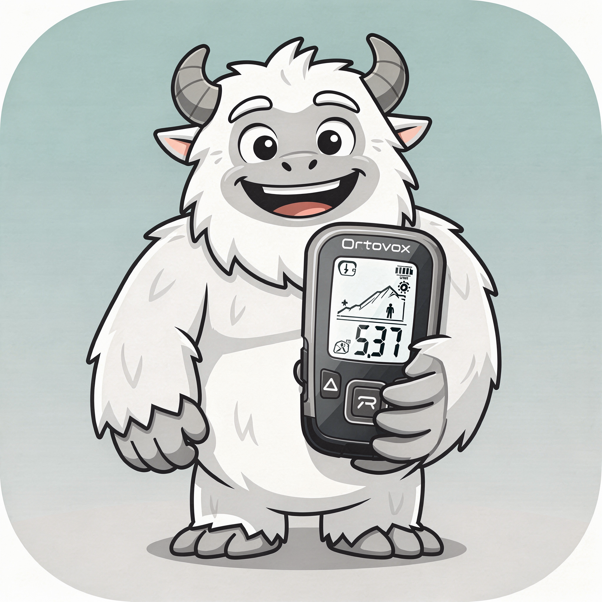 Yeti holding avalanche beacon — AM/PM mascot